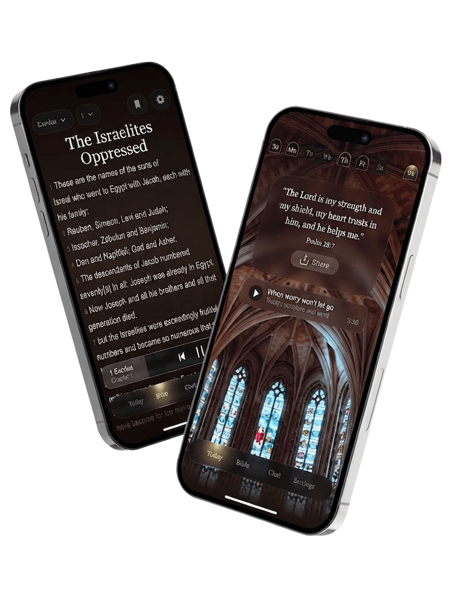 Two phones showing a narrated chapter of Exodus and the verse of the day
