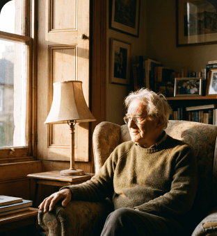Peter sitting in an armchair by the window