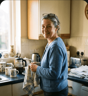Ruth drying a mug in her kitchen